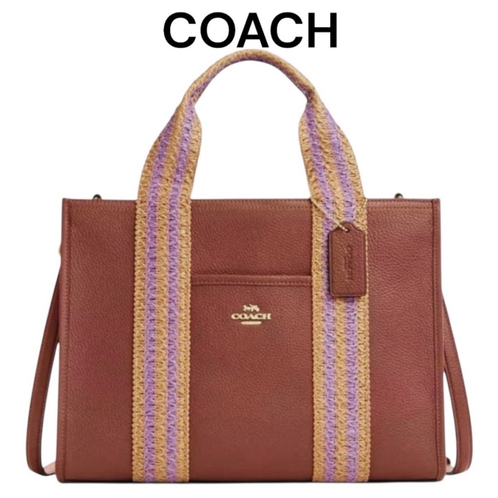 Coach Brown Leather Tote Crossbody Bag with Purple Accents